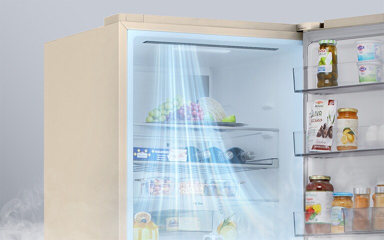 Зображення вентиляційних отворів, розташованих у передній частині холодильника, що забезпечує ефективне та рівномірне охолодження по всьому холодильнику.