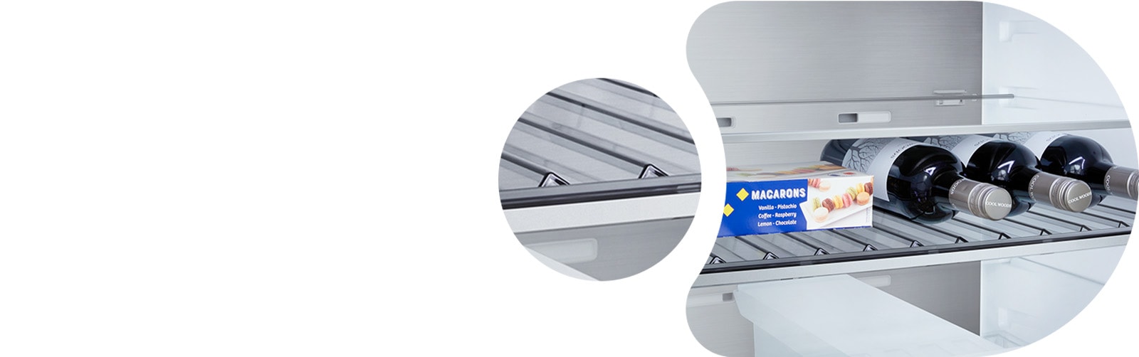 Зображено холодильник з нижньої морозильною камерою LG крупним планом винна полиця з чотирма пляшками та коробкою макаронів, збільшене кругле зображення полиці.