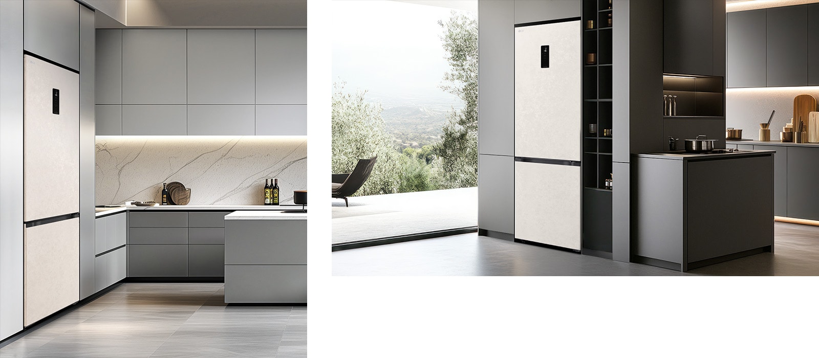 Холодильник із нижньою морозильною камерою LG, розташований ліворуч у світло-сірих шафах із мармуровим фартухом, праворуч — у темних шафах біля полиць із кухонним приладдям та посудом.