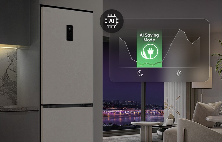 Холодильник із нижньою морозильною камерою LG у житловому приміщенні на фоні нічного міського пейзажу, із накладеною графікою режиму AI Saving Mode та змінним графіком енергоспоживання.