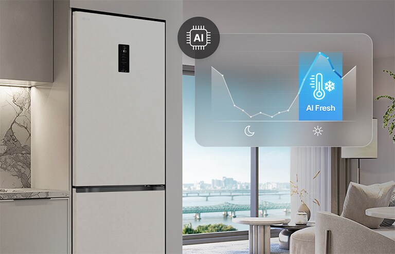 Холодильник із нижньою морозильною камерою LG біля світло-сірих шаф у житловому приміщенні з видом на річку, із накладеним графіком та значком AI Fresh.
