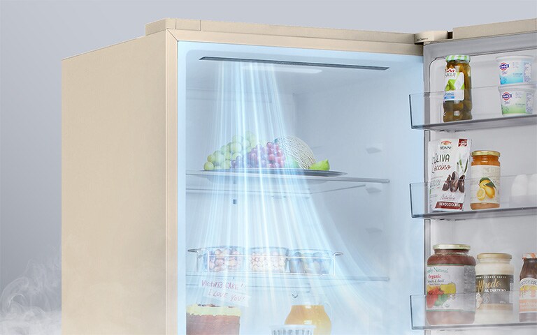 Зображення вентиляційних отворів, розташованих у передній частині холодильника, що забезпечує ефективне та рівномірне охолодження по всьому холодильнику.