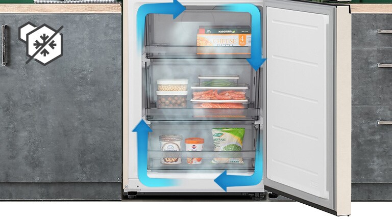 Зображено холодильник з нижньої морозильною камерою LG з фруктами на верхній полиці, пляшки вина посередині та ще більше фруктів на нижній полиці.