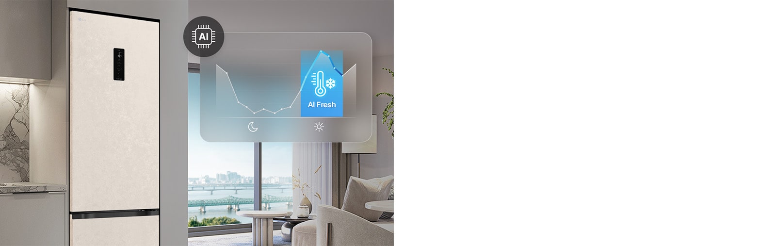Холодильник із нижньою морозильною камерою LG біля світло-сірих шаф у житловому приміщенні з видом на річку, із накладеним графіком та значком AI Fresh.