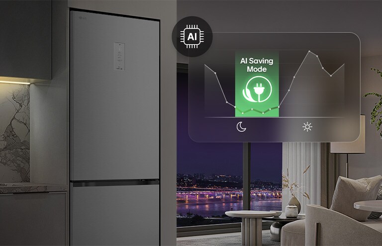 Холодильник із нижньою морозильною камерою LG у житловому приміщенні на фоні нічного міського пейзажу, із накладеною графікою режиму AI Saving Mode та змінним графіком енергоспоживання.