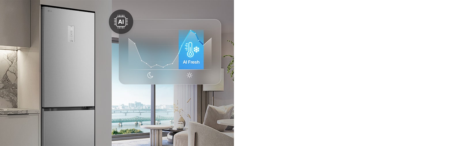 Холодильник із нижньою морозильною камерою LG біля світло-сірих шаф у житловому приміщенні з видом на річку, із накладеним графіком та значком AI Fresh.