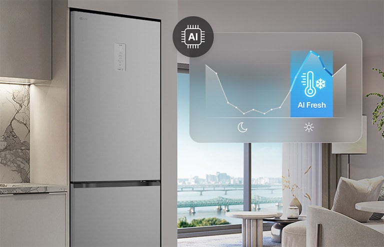 Холодильник із нижньою морозильною камерою LG біля світло-сірих шаф у житловому приміщенні з видом на річку, із накладеним графіком та значком AI Fresh.