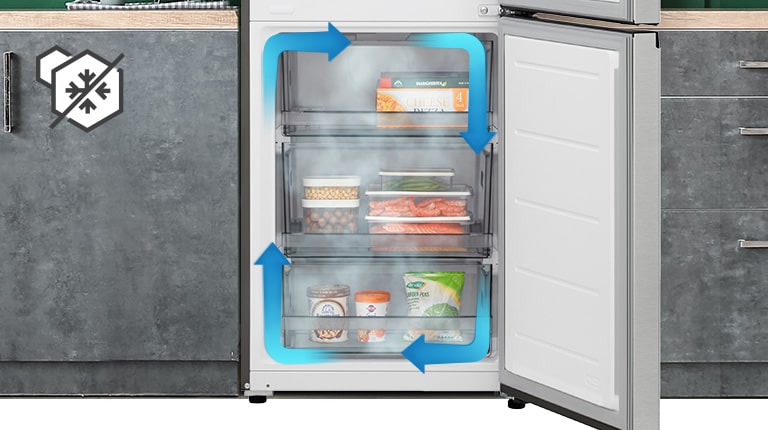 Зображено холодильник з нижньої морозильною камерою LG з фруктами на верхній полиці, пляшки вина посередині та ще більше фруктів на нижній полиці.