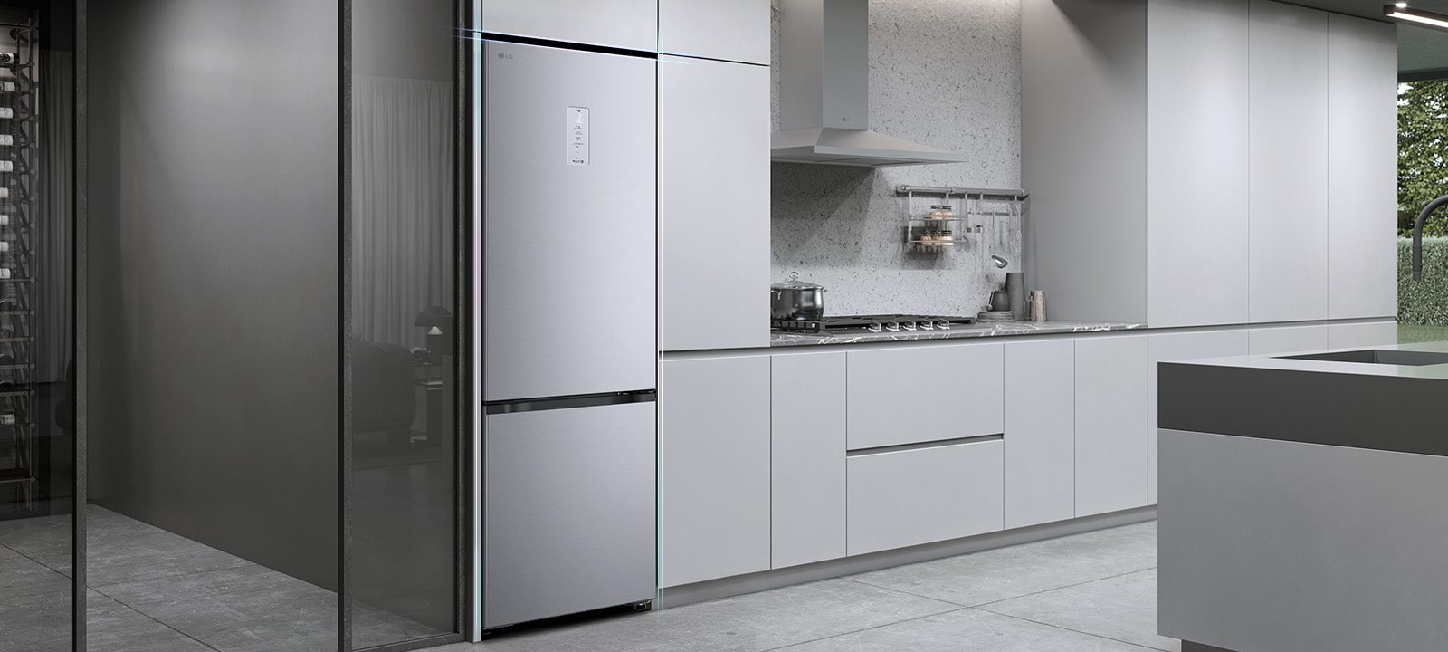 Холодильник із нижньою морозильною камерою LG, вбудований у сіру кухонну шафу.