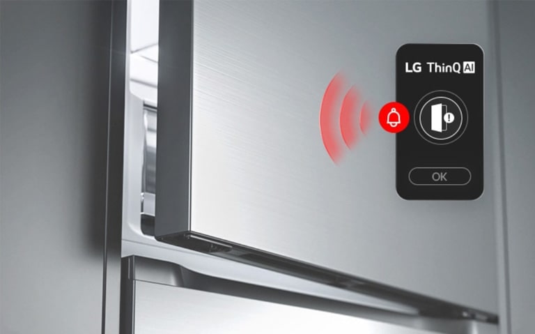 Холодильник із нижньою морозильною камерою LG, верхні дверцята трохи відчинені, із червоною хвилеподібною графікою, що показує значок відкритих дверцят і значок сповіщення разом.