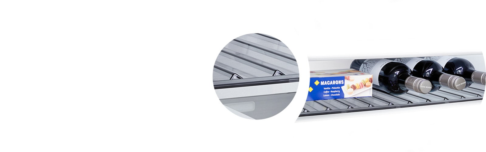 Зображено холодильник з нижньої морозильною камерою LG крупним планом винна полиця з чотирма пляшками та коробкою макаронів, збільшене кругле зображення полиці.