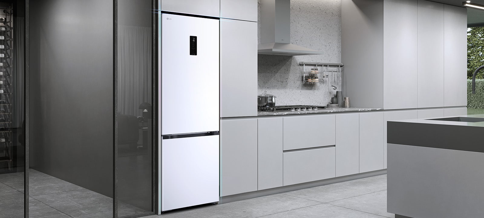 Холодильник із нижньою морозильною камерою LG, вбудований у сіру кухонну шафу.