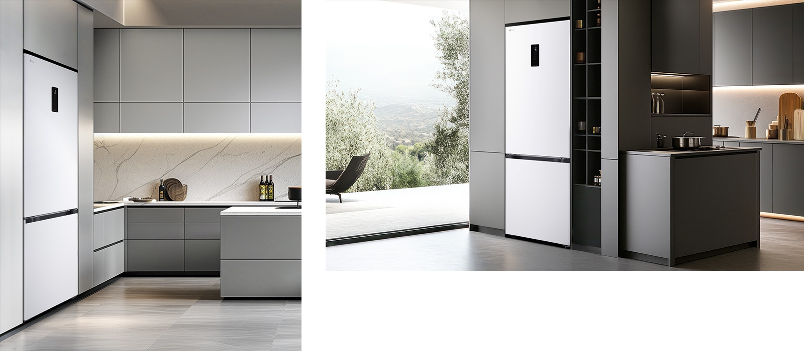 Холодильник із нижньою морозильною камерою LG, розташований ліворуч у світло-сірих шафах із мармуровим фартухом, праворуч — у темних шафах біля полиць із кухонним приладдям та посудом.