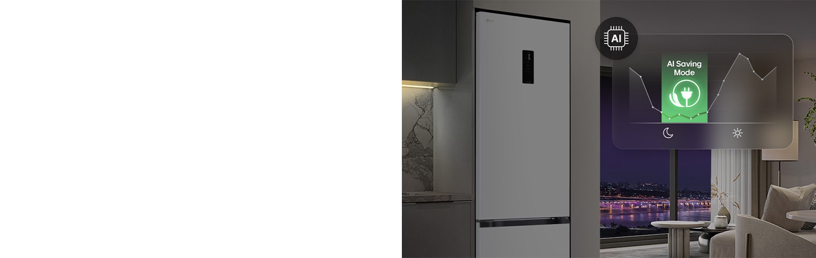 Холодильник із нижньою морозильною камерою LG у житловому приміщенні на фоні нічного міського пейзажу, із накладеною графікою режиму AI Saving Mode та змінним графіком енергоспоживання.