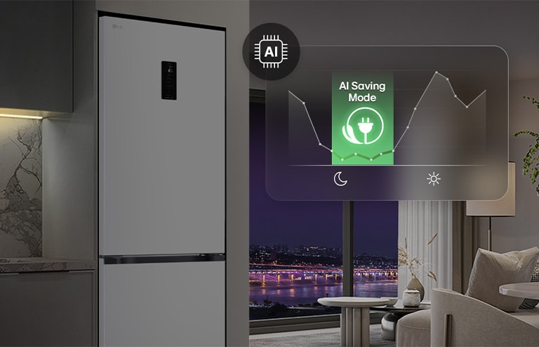 Холодильник із нижньою морозильною камерою LG у житловому приміщенні на фоні нічного міського пейзажу, із накладеною графікою режиму AI Saving Mode та змінним графіком енергоспоживання.
