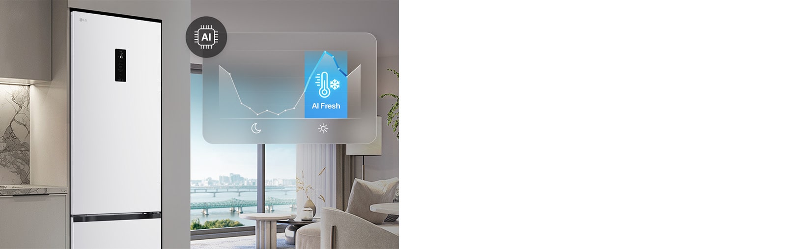 Холодильник із нижньою морозильною камерою LG біля світло-сірих шаф у житловому приміщенні з видом на річку, із накладеним графіком та значком AI Fresh.