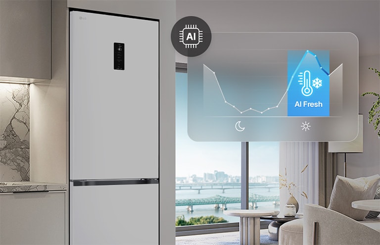 Холодильник із нижньою морозильною камерою LG біля світло-сірих шаф у житловому приміщенні з видом на річку, із накладеним графіком та значком AI Fresh.
