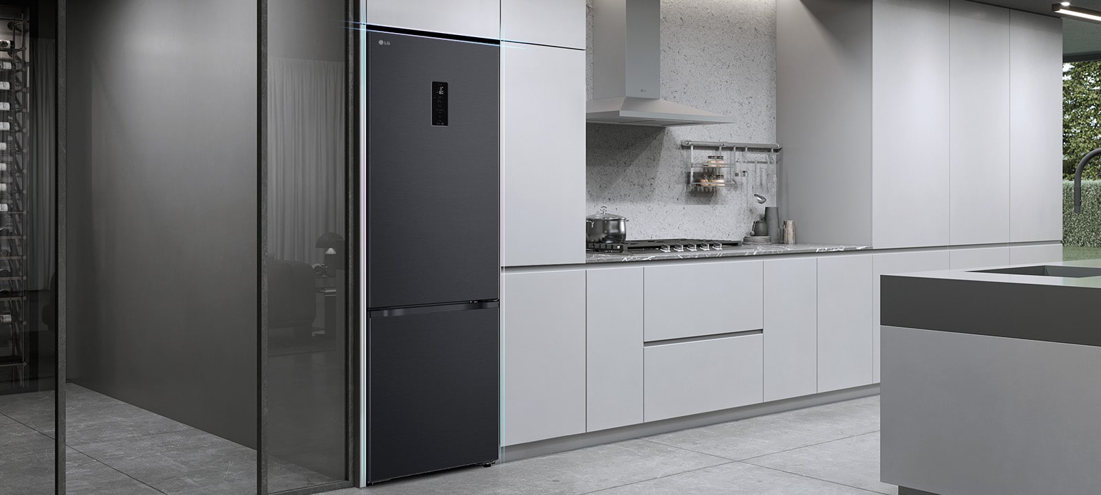 Холодильник із нижньою морозильною камерою LG, вбудований у сіру кухонну шафу.