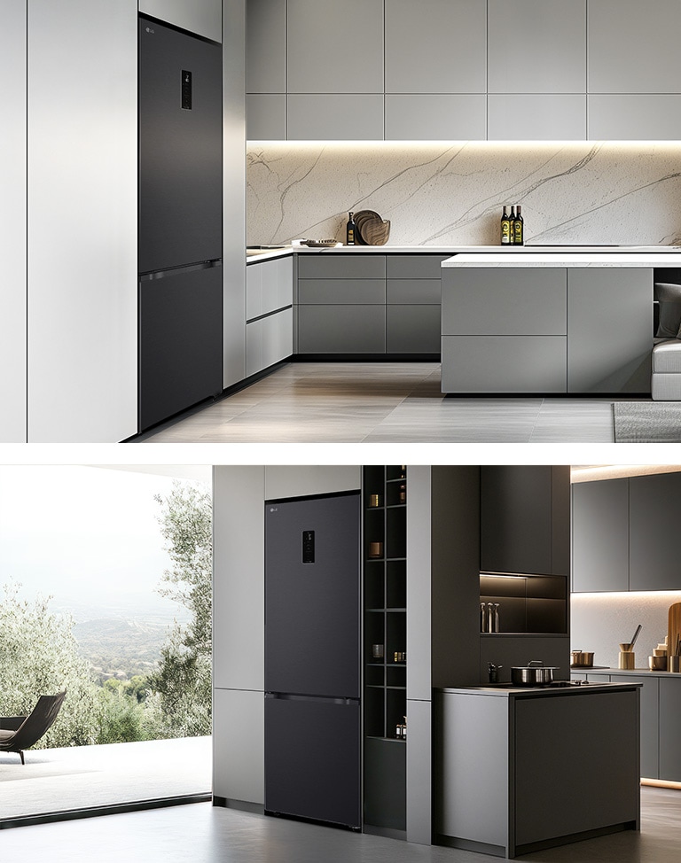 Холодильник із нижньою морозильною камерою LG, розташований ліворуч у світло-сірих шафах із мармуровим фартухом, праворуч — у темних шафах біля полиць із кухонним приладдям та посудом.