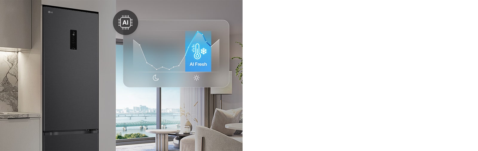 Холодильник із нижньою морозильною камерою LG біля світло-сірих шаф у житловому приміщенні з видом на річку, із накладеним графіком та значком AI Fresh.