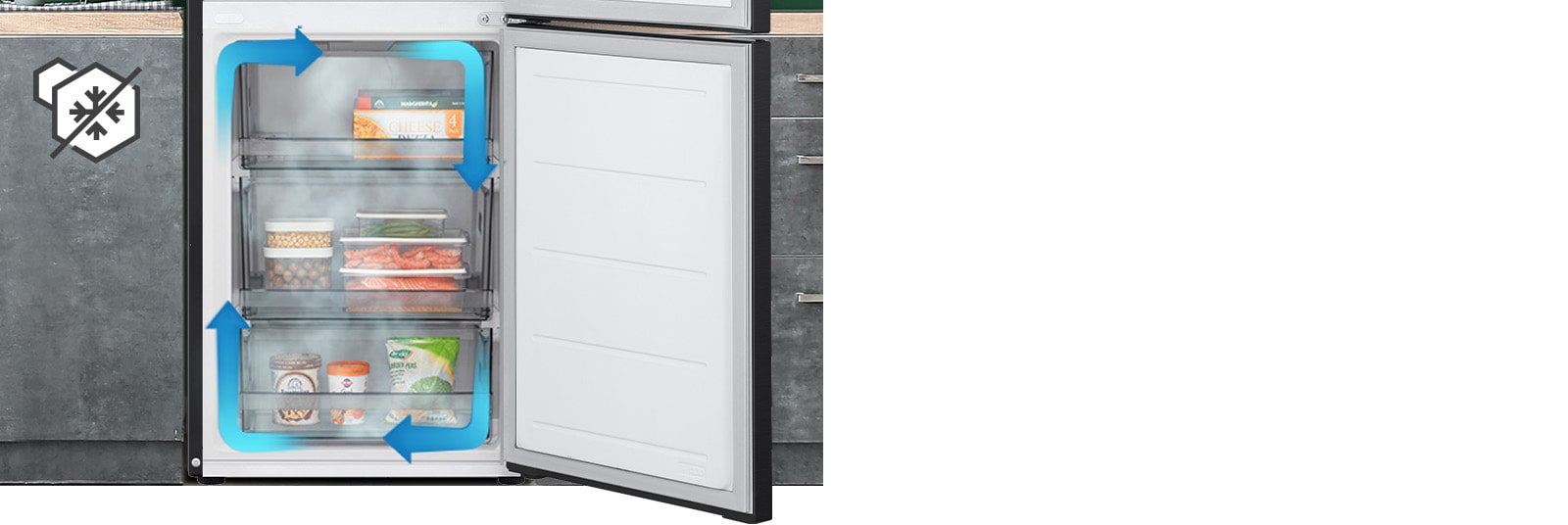 Зображено холодильник з нижньої морозильною камерою LG з фруктами на верхній полиці, пляшки вина посередині та ще більше фруктів на нижній полиці.