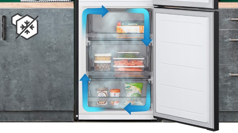 Зображено холодильник з нижньої морозильною камерою LG з фруктами на верхній полиці, пляшки вина посередині та ще більше фруктів на нижній полиці.