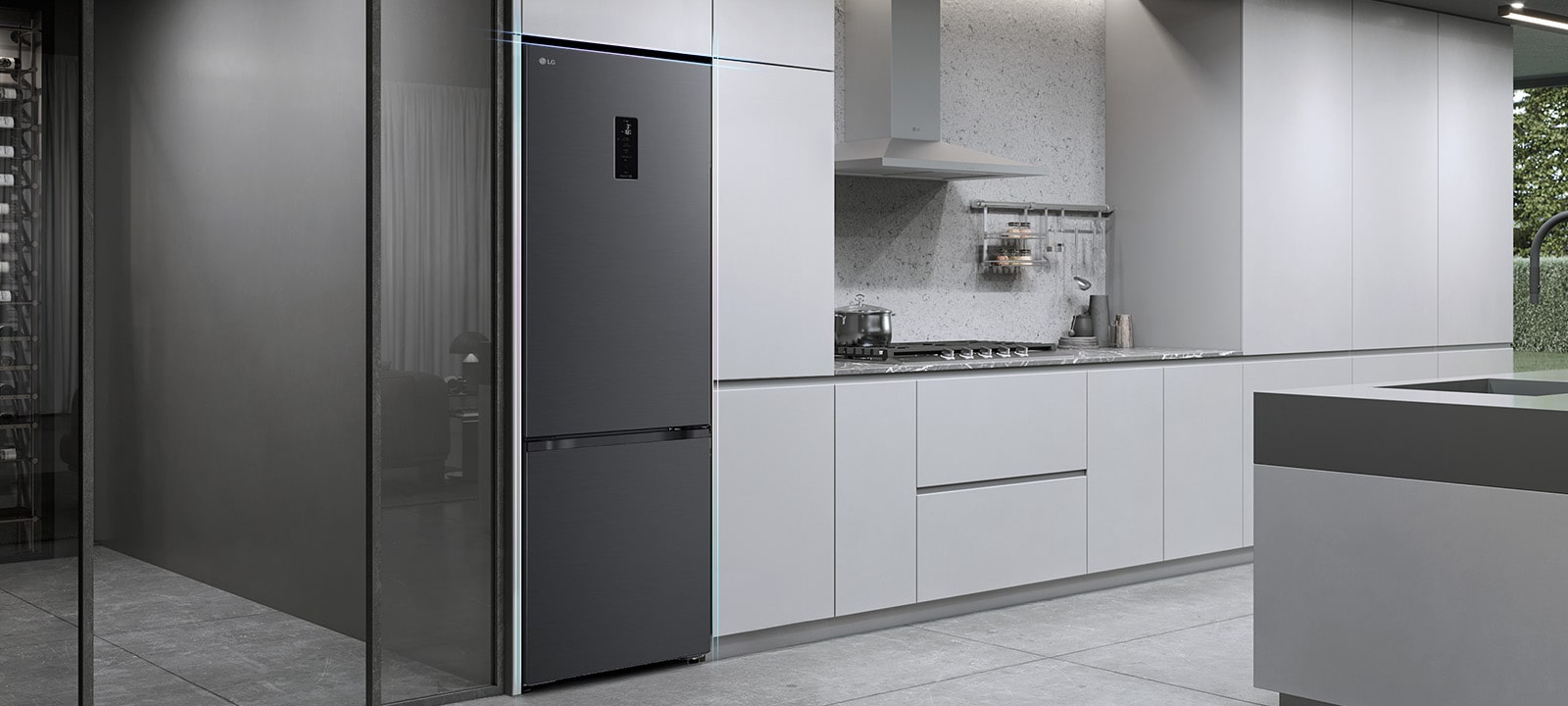 Холодильник із нижньою морозильною камерою LG, вбудований у сіру кухонну шафу.