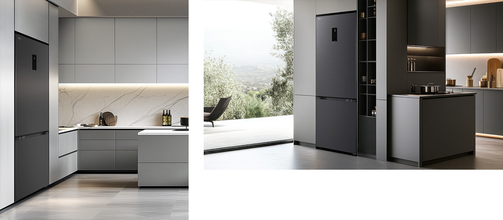 Холодильник із нижньою морозильною камерою LG, розташований ліворуч у світло-сірих шафах із мармуровим фартухом, праворуч — у темних шафах біля полиць із кухонним приладдям та посудом.