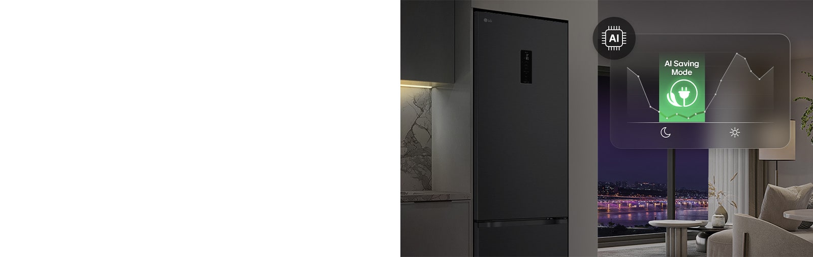 Холодильник із нижньою морозильною камерою LG у житловому приміщенні на фоні нічного міського пейзажу, із накладеною графікою режиму AI Saving Mode та змінним графіком енергоспоживання.