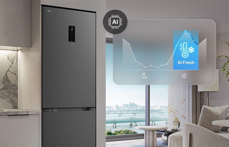 Холодильник із нижньою морозильною камерою LG біля світло-сірих шаф у житловому приміщенні з видом на річку, із накладеним графіком та значком AI Fresh.