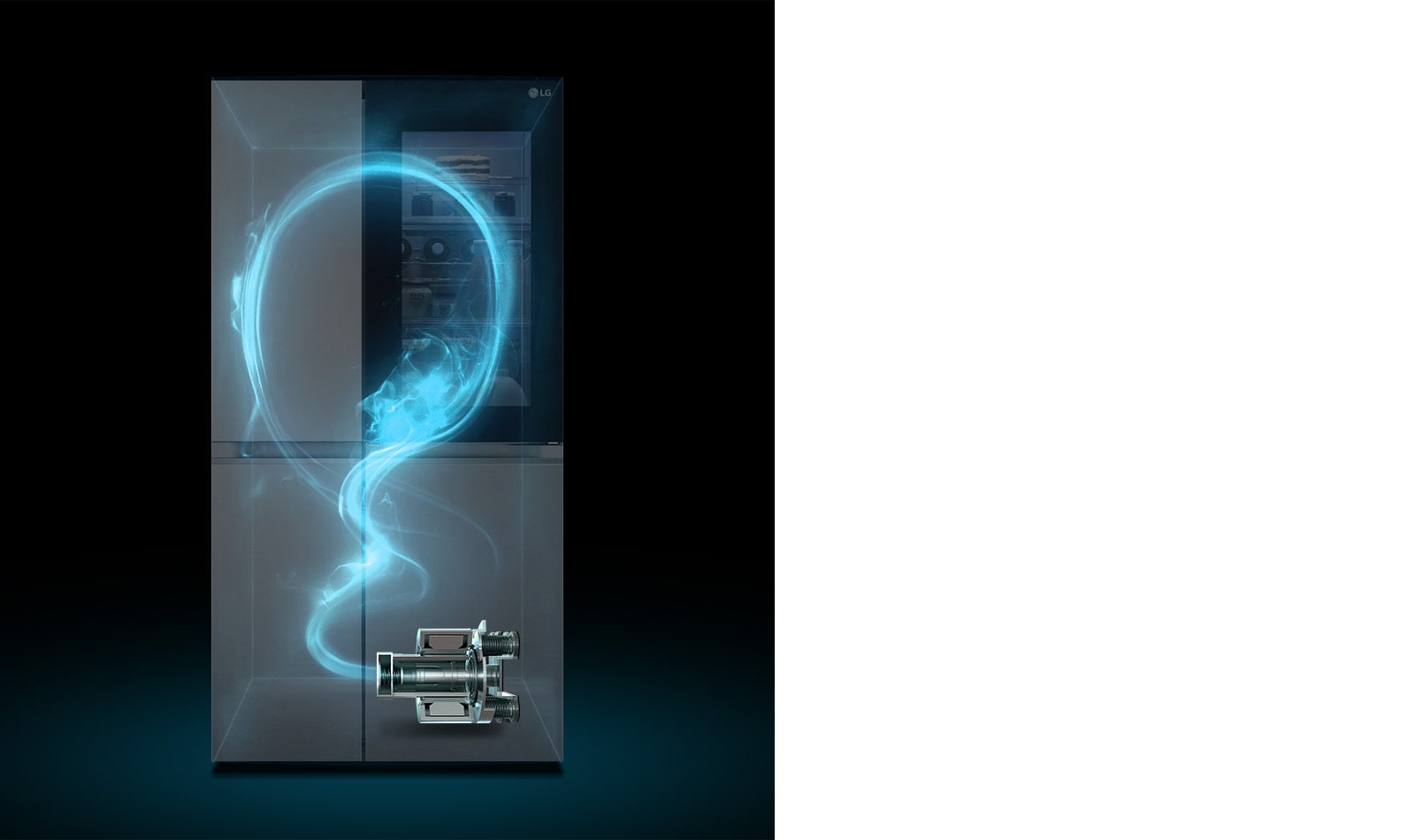 Показано затемнено холодильник та підсвічений синім кольором схематичний прохід холодоагента по ньому від компресора, розміщеного внизу праворуч.