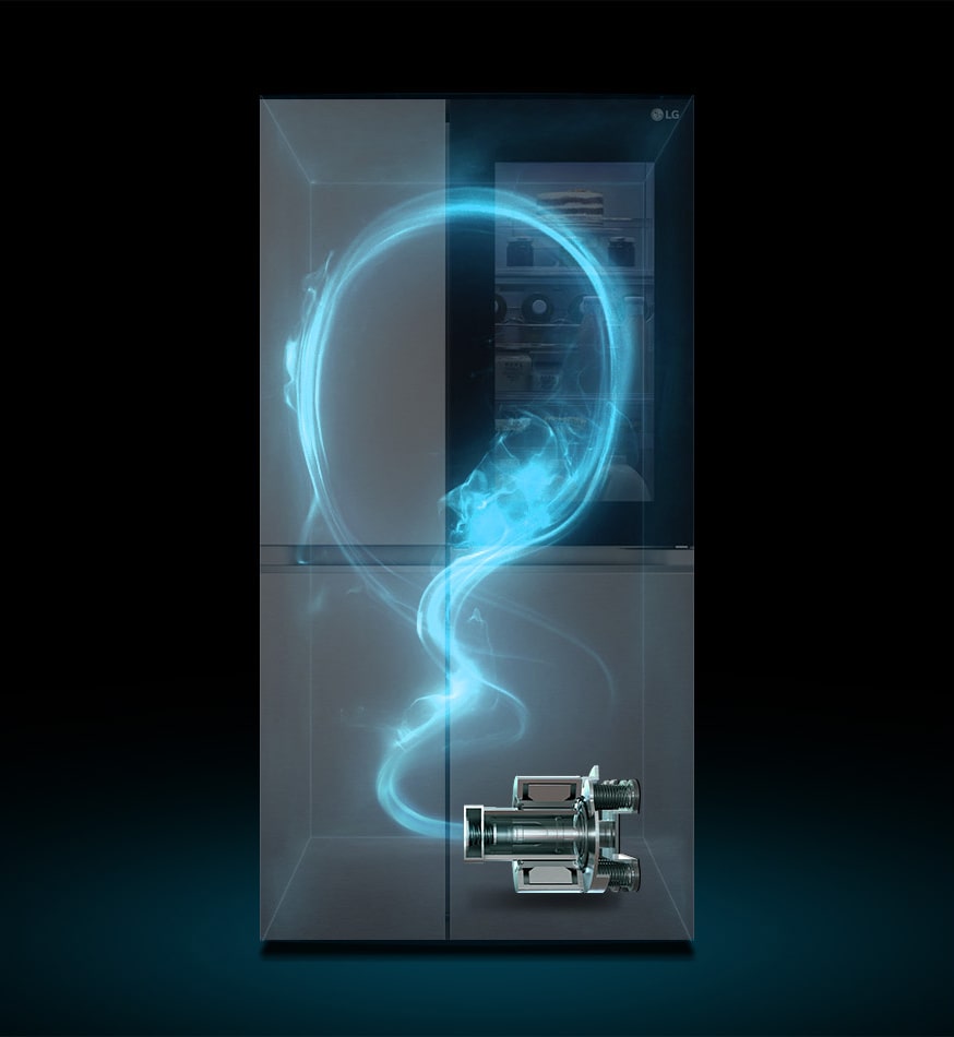 Показано затемнено холодильник та підсвічений синім кольором схематичний прохід холодоагента по ньому від компресора, розміщеного внизу праворуч.