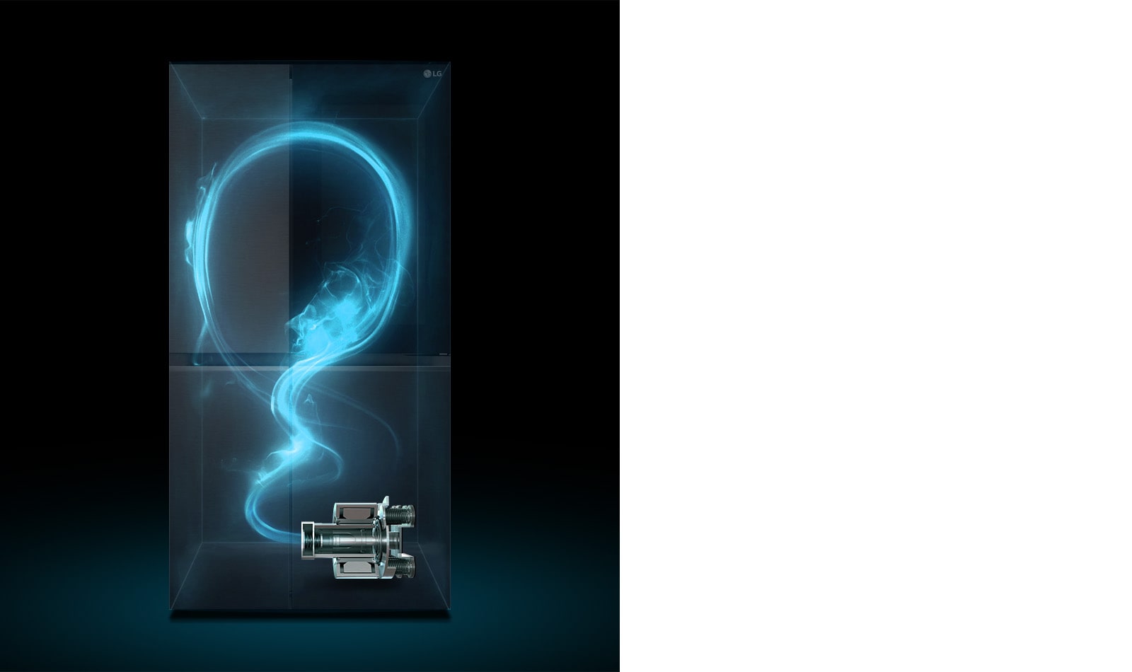 Показано затемнено холодильник та підсвічений синім кольором схематичний прохід холодоагента по ньому від компресора, розміщеного внизу праворуч.