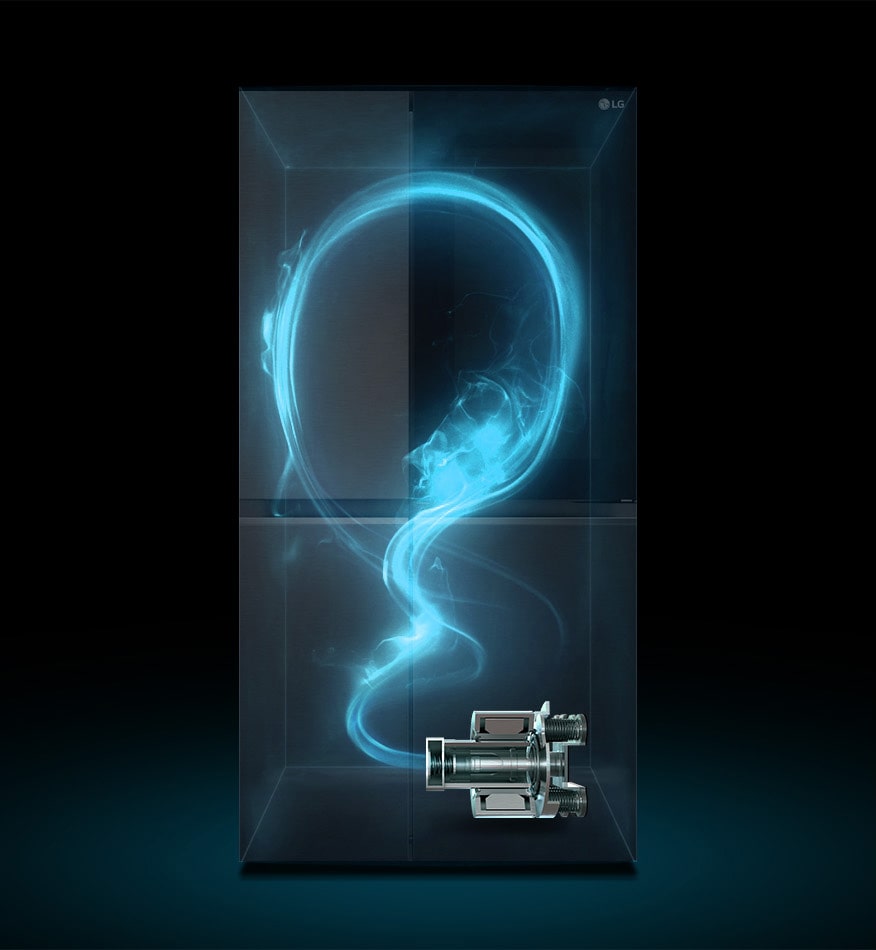 Показано затемнено холодильник та підсвічений синім кольором схематичний прохід холодоагента по ньому від компресора, розміщеного внизу праворуч.