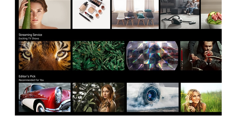 Екран телевізора, на якому показано перелік різноманітного контенту, рекомендованого LG ThinQ AI