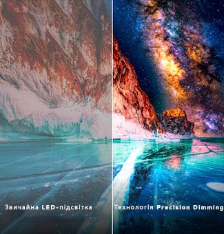LG Mini RGB evo AI MRGB87 демонструє переваги технології Precision Dimming для покращеного контрасту завдяки порівнянню зображення зі звичайним LED-телевізором: глибші чорні відтінки та чіткіше опрацювання контрасту показані праворуч.