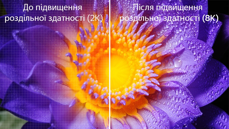Зображення квітки з оригінальною роздільною здатністю 2К ліворуч і те ж зображення після підвищення роздільної здатності до 8К праворуч.