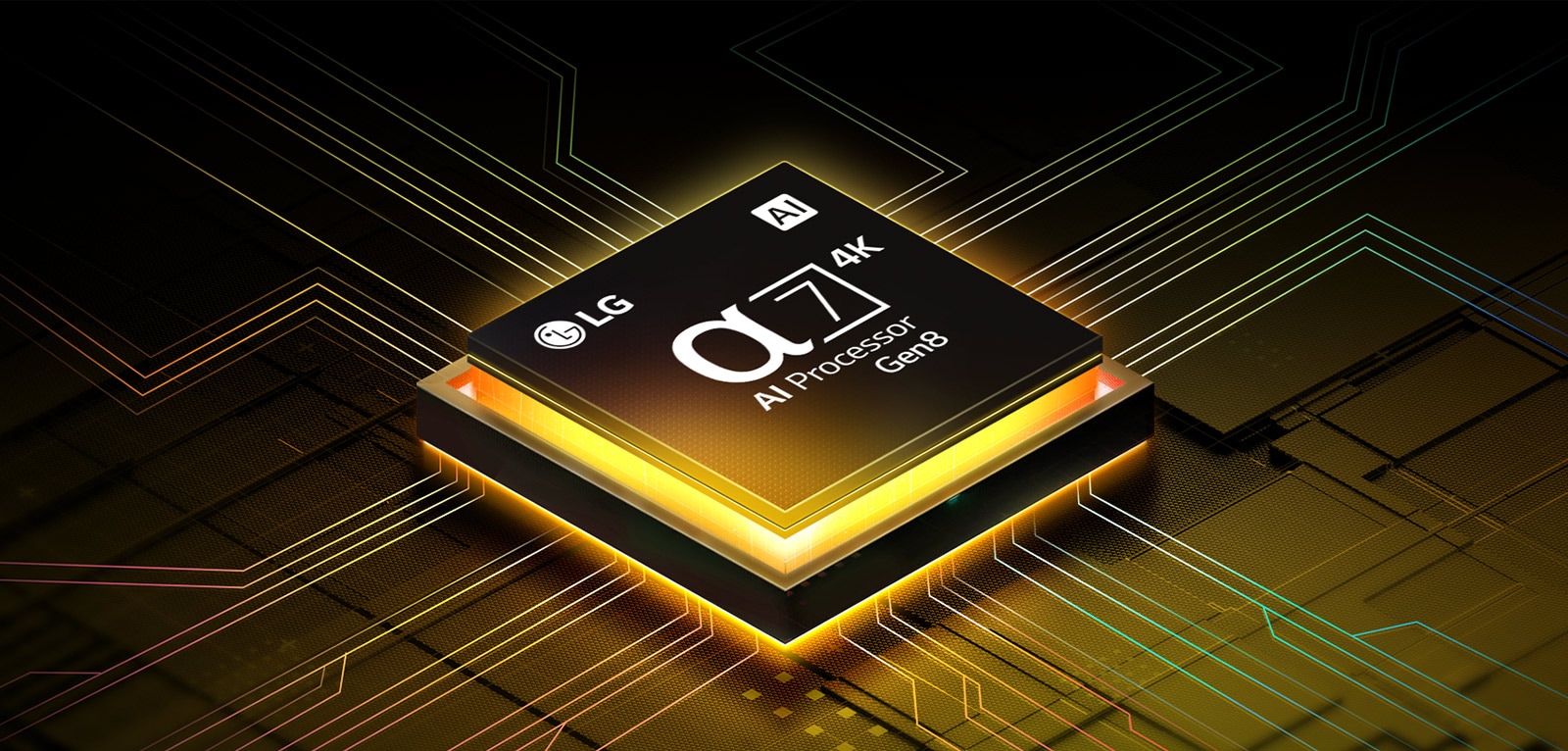 Alpha 7 AI Processor Gen8 світиться жовтим кольором, а з нього вилітають різнокольорові промені світла. 