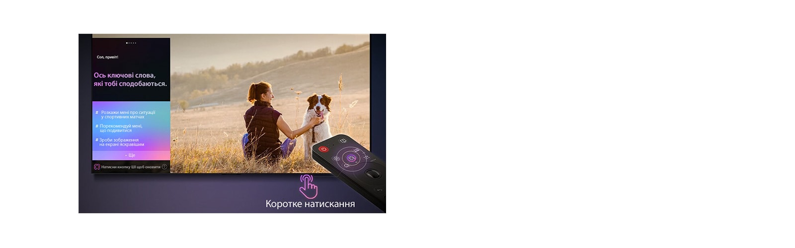 Пульт LG AI Magic Remote перед екраном телевізора LG. На екрані — персоналізоване привітання від штучного інтелекту LG з індивідуальними підказками на основі історії пошуків і переглядів користувача. Поруч із пультом — іконка та напис, що показують: функцію Консьєржа ШІ можна легко активувати одним коротким натисканням кнопки ШІ.