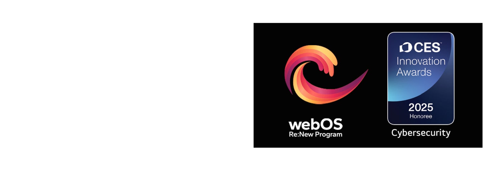Логотип і назва програми webOS Re:New з логотипом CES Innovation Awards 2025 Honoree поруч із бейджем. 