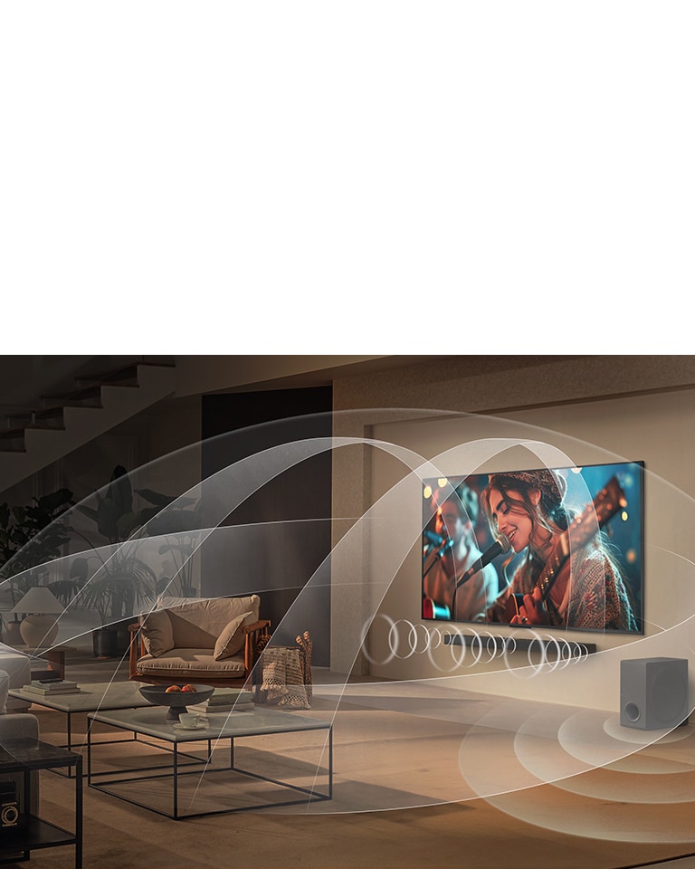 Вітальня з телевізором LG NanoCell та Саундбар LG, а також графіка, що демонструє, як обидва пристрої наповнюють простір об’ємним звуком.