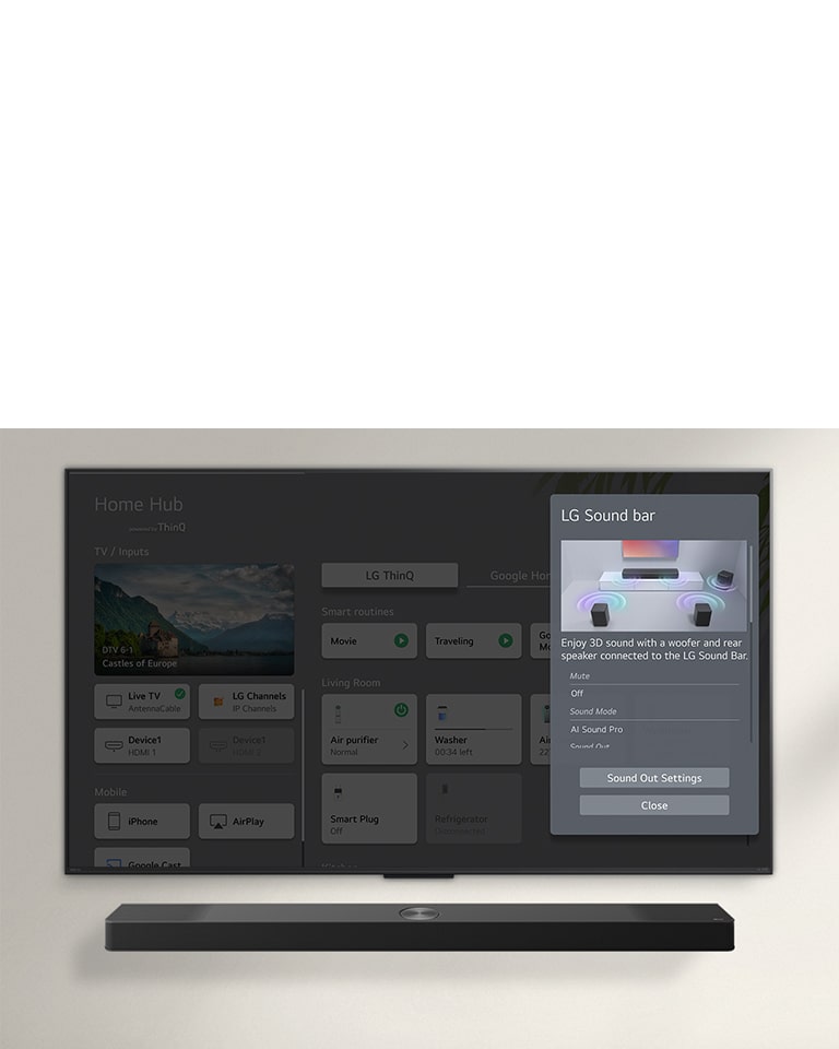 Саундбар LG розташований під телевізором LG NanoCell. На екрані телевізора відображається інтерфейс керування гучністю саундбара і телевізора.