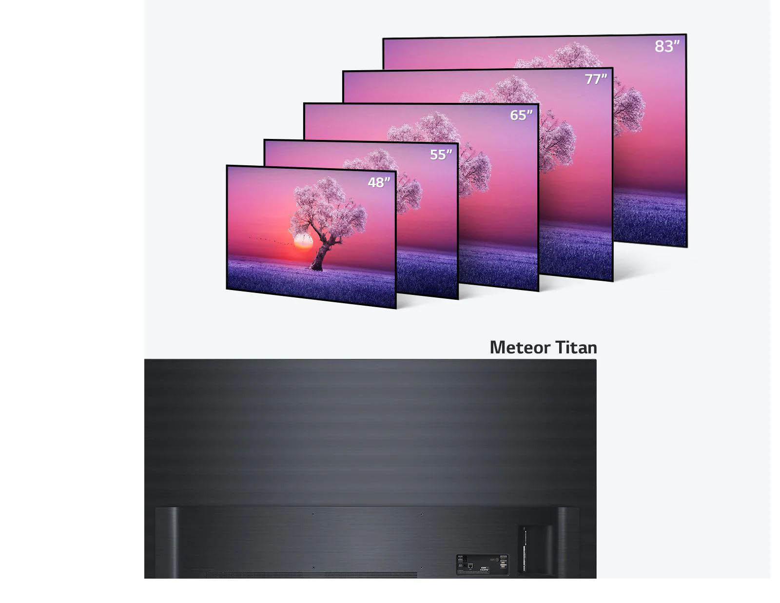 Лінійка OLED-телевізорів LG в різних розмірах — із діагоналлю від 48 до 83 дюймів та оздобленні в кольорах light black і vanilla white.
