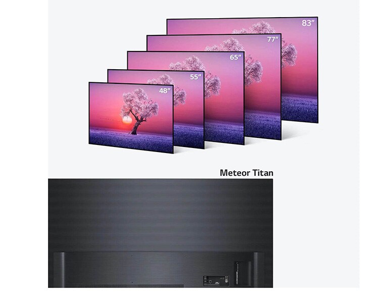 Лінійка OLED-телевізорів LG в різних розмірах — із діагоналлю від 48 до 83 дюймів та оздобленні в кольорах light black і vanilla white.