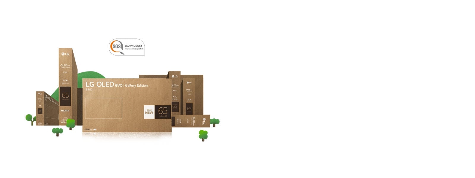 Büyüyen ağaçların ve dağların çevresinde tasvir edilen çevre dostu LG OLED karton ambalaj.