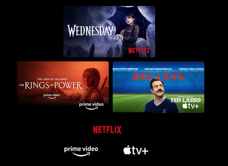 Постер «Венздей» від Netflix, «Скарб нації» від Disney+, «Володар перснів: Персні влади» від Prime Video, «Тед Лассо» від Apple TV Plus і кадр з LG Channels із леопардом у дикій природі.