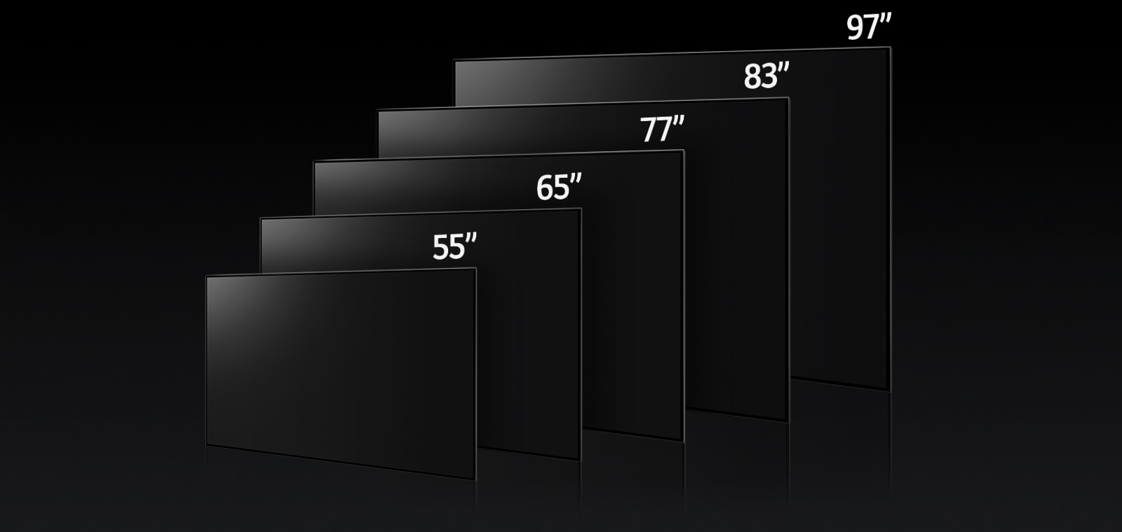 Зображення, на якому порівнюється телевізори LG OLED G3 різних розмірів: 55", 65" і 77".
