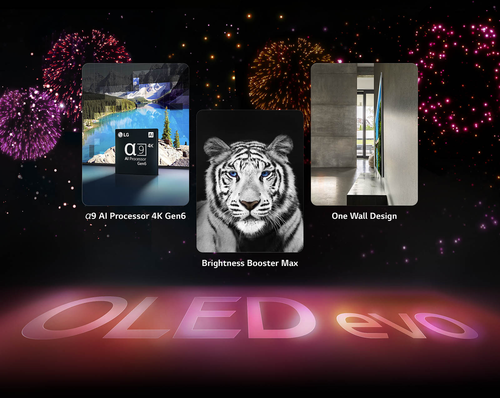 Зображення основних функцій телевізора LG OLED evo C3 на чорному фоні з рожевими й фіолетовими феєрверками. У рожевому віддзеркаленні від феєрверку на поверхні видно слова OLED evo. На зображенні з процесором α9 шостого покоління на основі штучного інтелекту з підтримкою 4K мікросхема відображається перед озером: його якість покращується за допомогою технології обробки зображення. На зображенні, що демонструє технологію Brightness Booster Max, показано яскраве пташине пір’я. На зображенні показано звукову панель SC9 на стіні й телевізор LG OLED evo C3, на якому відтворюється музичний концерт. Зображення технології AI Sound Pro: на телевізорі відтворюється рок-концерт, а музичні бульки, які відображають звукові хвилі, заповнюють кімнату.