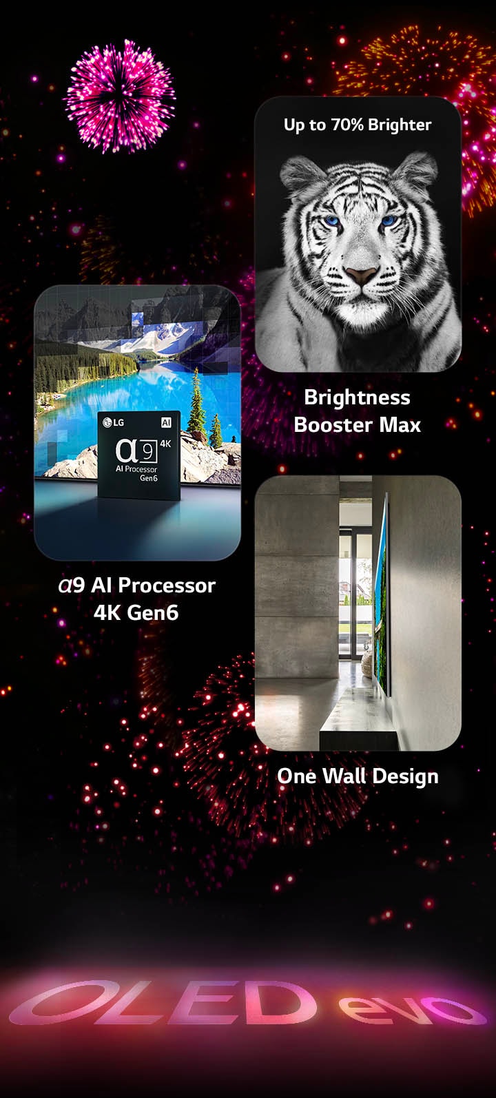 Зображення основних функцій телевізора LG OLED evo C3 на чорному фоні з рожевими й фіолетовими феєрверками. У рожевому віддзеркаленні від феєрверку на поверхні видно слова OLED evo. На зображенні з процесором α9 шостого покоління на основі штучного інтелекту з підтримкою 4K мікросхема відображається перед озером: його якість покращується за допомогою технології обробки зображення. На зображенні, що демонструє технологію Brightness Booster Max, показано яскраве пташине пір’я. На зображенні показано звукову панель SC9 на стіні й телевізор LG OLED evo C3, на якому відтворюється музичний концерт. Зображення технології AI Sound Pro: на телевізорі відтворюється рок-концерт, а музичні бульки, які відображають звукові хвилі, заповнюють кімнату.