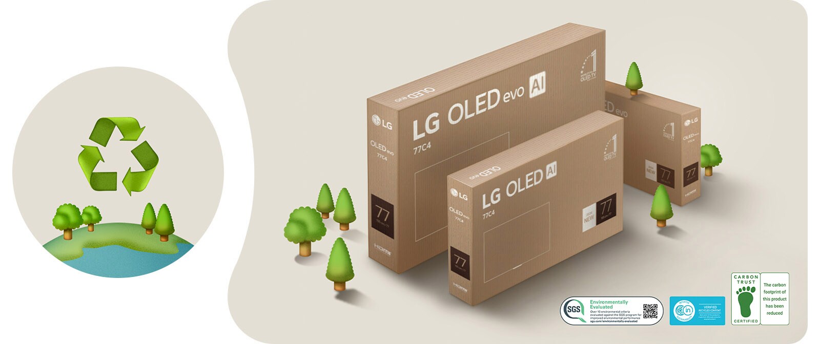 LG OLED packaging against a beige background with illustrated trees. 